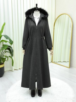 Podyumplus Antrasit Kapüşonlu Beli Lastikli Cepli Kaşe Kaban