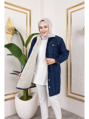 Harmatime butik Cepli Düğmeli İçi Kürklü Uzun Lacivert Kot Ceket