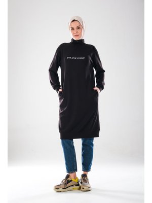 Plistre Reflektör Baskılı, Dik Yakalı Fermuarlı, Cepli, Yumuşak Doku 2290_ Spor Tunik Elbise