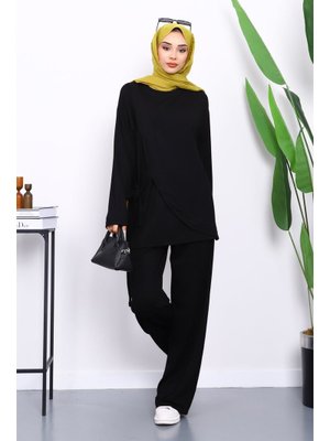İmaj Butik Siyah Yandan Kuşak Bağlamalı Pantolonlu Takım