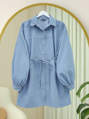 Podyumplus Açık Mavi Düğmeli Beli Bağcıklı Kot Gömlek