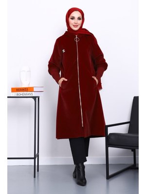 İmaj Butik Bordo Kapüşonlu Angora Kaban