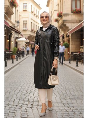 Neva Style Kapüşonlu Siyah Deri Kap 1503s