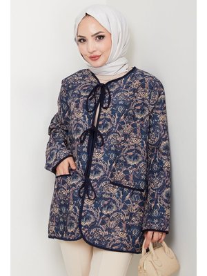 Bestenur Lacivert Etnik Desen Bağlamalı Kapitone Ceket