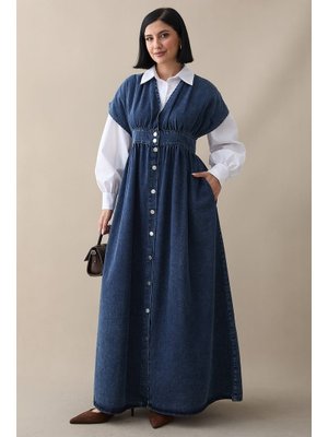 InStyle V Yaka Koyu Mavi Kot Elbise