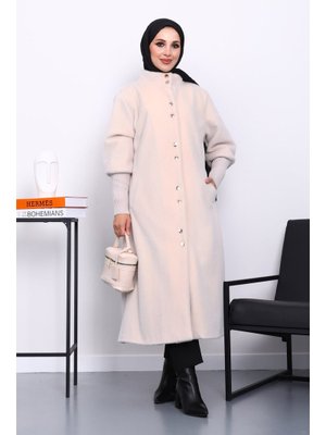İmaj Butik Krem Düğmeli Angora Kaşe Kaban