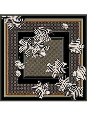 19v69 ITALIA Çiçekli Desen İtalyan Şifon Seri Eşarp Askısı İle Birlikte 90x90 Cm Siyah Haki Yeşil