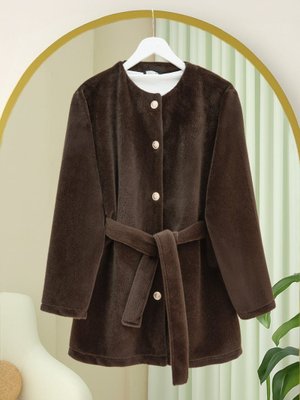 Podyumplus Toprak Düğmeli Beli Bağlamalı Kürklü Ceket