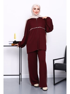 İmaj Butik Mürdüm Fermuarlı Sweat Pantolonlu Modal Takım