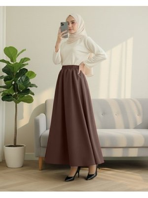 Podyumplus Kahve Beli Lastikli Cepli Paraşüt Etek