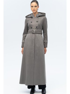 Olcay Gri Kapüşonlu Garni Detaylı Süet Görünümlü Pardesü