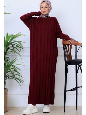 Benguen Bordo Kendinden Çizgili Triko Elbise