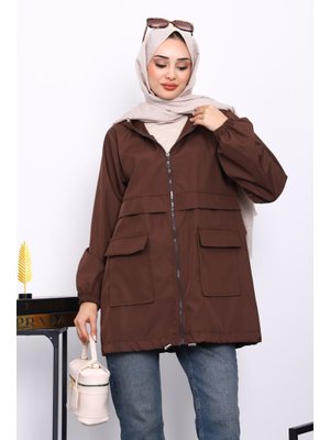 İmaj Butik Kahverengi Kapüşonlu Fermuarlı Kısa Trenç