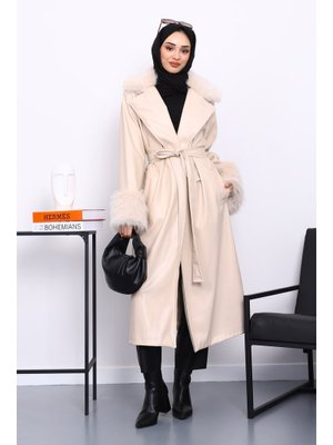 İmaj Butik Bej Kol Yaka Kürklü Deri Trençkot