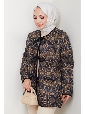 Bestenur Siyah Etnik Desen Bağlamalı Kapitone Ceket