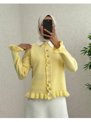 Podyumplus Açık Sarı Düğmeli Önü Ve Eteği Fırfırlı Hırka