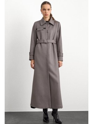 Olcay Gri Gömlek Yaka Çıt Ve Deri Detaylı Gabardin Süet Pardesü