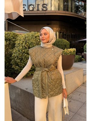 Locco Moda Taş Detaylı Kapitone Yelek Haki Yeşil