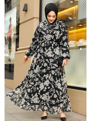 Neva Style Çiçek Desenli Siyah Elbise 50352s