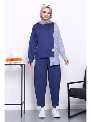 İmaj Butik Lacivert Garnili Tunik Pantolonlu Çizgili Takım