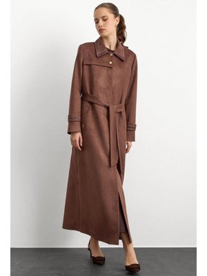 Olcay Gömlek Yaka İşleme Detaylı Süet Görünümlü Büyük Beden Pardesü Kahve