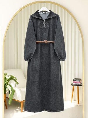 Podyumplus Füme Yarım Boğazlı Fermuarlı Cepli Kot Elbise