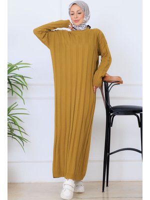 Benguen Yağ Yeşili Kendinden Çizgili Triko Elbise