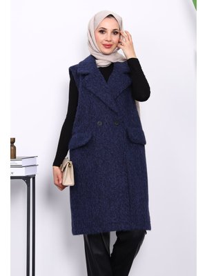 İmaj Butik Lacivert Kruvaze Yaka Astarlı Kaşe Yelek
