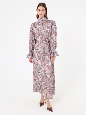 Refka Pudra Yakası Gipeli Şal Desenli Saten Elbise