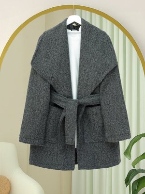 Podyumplus Antrasit Geniş Yakalı Beli Kemerli Cepli Kaşe Kaban