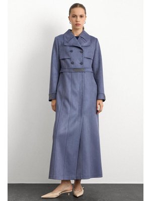 Olcay Mavi Mendil Yaka Taş Detaylı Süet Görünümlü Pardesü