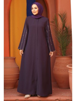 Neva Style Kolları İşlemeli Mürdüm Abaya 2634mu