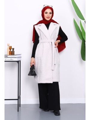 İmaj Butik Taş Kruvaze Yaka Kuşaklı Keçe Yelek