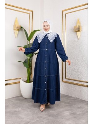 Harmatime butik Düğmeli Dantel Yaka Lacivert Kot Elbise