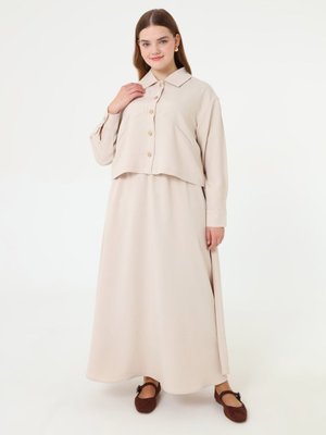 Alia Yumuşak Tuşeli Gold Düğme Detaylı Gömlek & Etek Büyük Beden Takım Tas