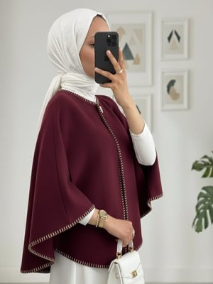 Podyumplus Mürdüm Çoban Dikişli Cepli Kaşe Panço