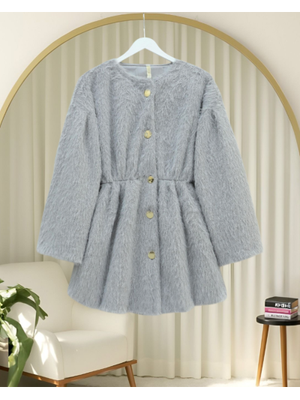 Podyumplus Açık Gri İçi Astarlı Beli Büzgülü Kürklü Ceket