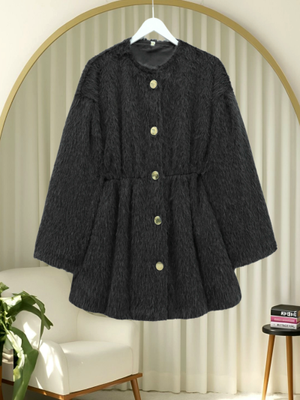 Podyumplus Siyah İçi Astarlı Beli Büzgülü Kürklü Ceket