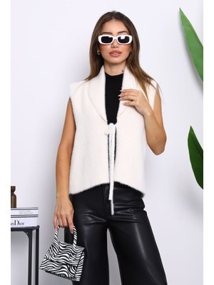İmaj Butik Krem Ön Bağlamalı Kısa Angora Yumoş Yelek