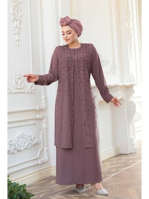 Neva Style Boncuk İşlemeli Gül Kurusu Abaya 29119gk