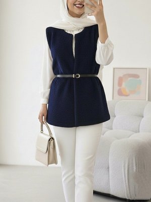 Podyumplus Laci Beli Kemerli Çift Cepli Astarlı Peluş Yelek