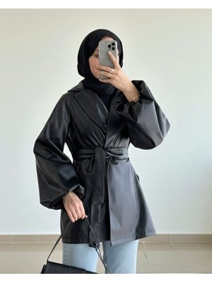 Podyumplus Siyah Balon Kol Kemerli Deri Ceket