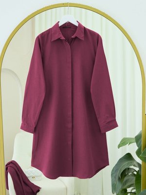Podyumplus Bordo Gizli Düğmeli Oval Kesim Uzun Gömlek