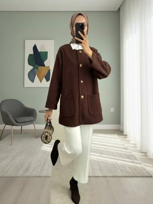 Podyumplus Kahve Çift Cepli Önü Düğmeli Kaşe Ceket