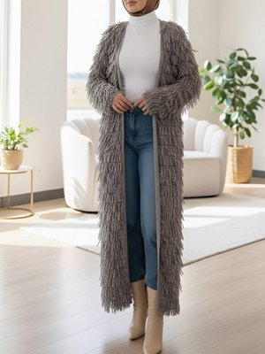 Podyumplus Toprak Saçaklı Uzun Triko Hırka