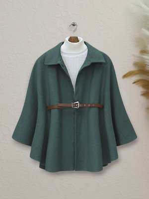 Podyumplus Zümrüt Omuzu Düğmeli Beli Kemerli Kaşe Panço