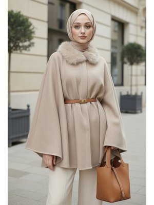 Salih Çelebi Taş Rengi Kürk Yaka Kaşe Panço