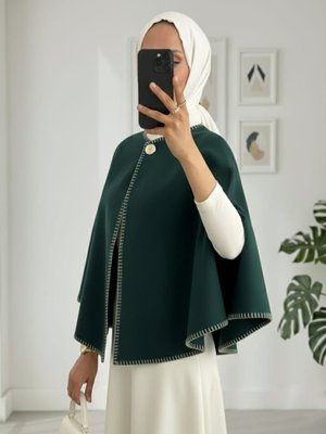 Podyumplus Zümrüt Çoban Dikişli Cepli Kaşe Panço