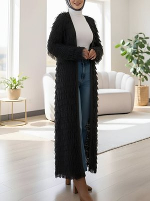 Podyumplus Siyah Saçaklı Uzun Triko Hırka