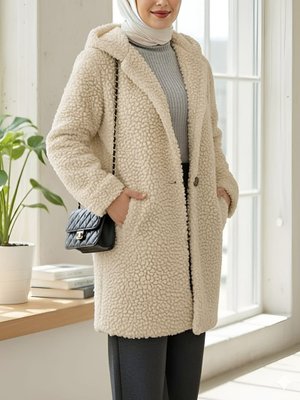 Podyumplus Açık Vizon Kapüşonlu Düğmeli Astarlı Peluş Kaban